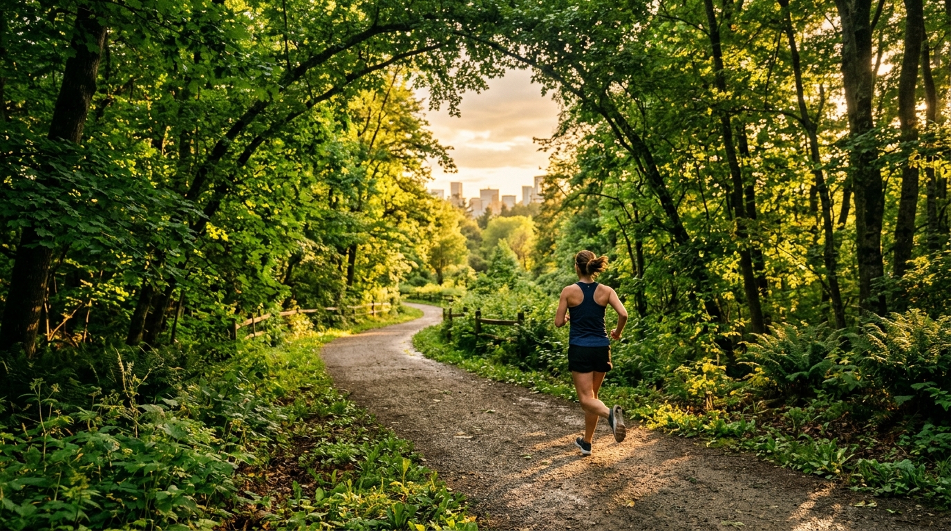 Runner jogging beneath vibrant green tree canopy along a sun-dappled park path